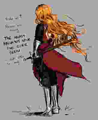 A low-quality export of a digital drawing of a tall figure with long, golden hair standing with their back to the viewer. They wear a red tabard, metal armor on their lower arms and legs, and grip a seathed sword in teir left hand.