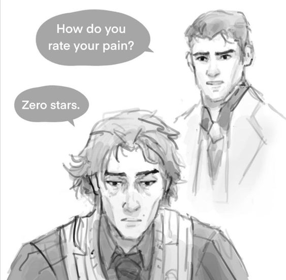 Jayce, a tall, muscular and tanned man, stands over Viktor's shoulder and asks 'How would you rate your pain?' Viktor replies: '0 stars.'