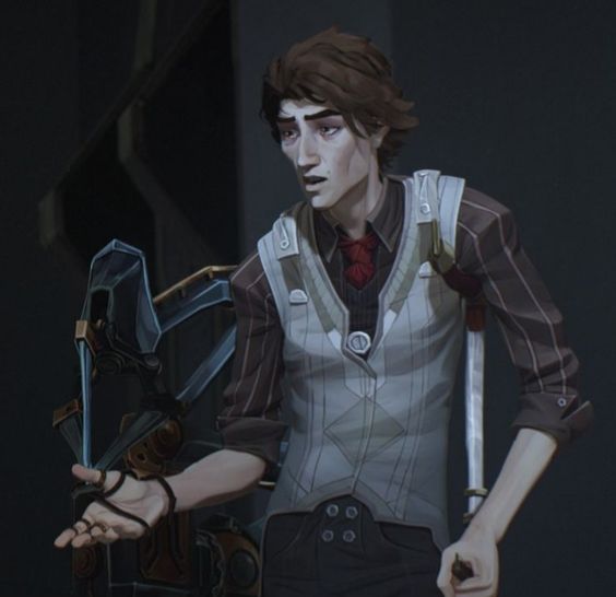 Viktor, a scrawny man with pale skin, brown back-swept hair and amber eyes. He's using a crutch on his left side and gesturing with his free hand as if in conversation.